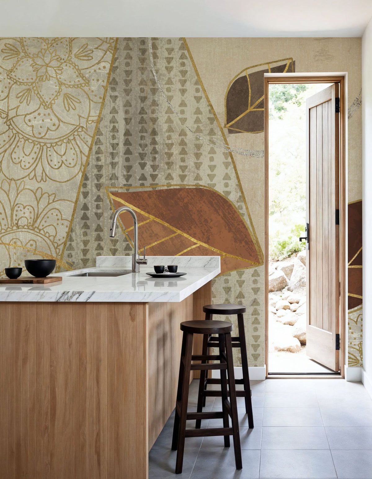 Bohemian Leaves IV Neutral Mural Wallpaper - room preview 06