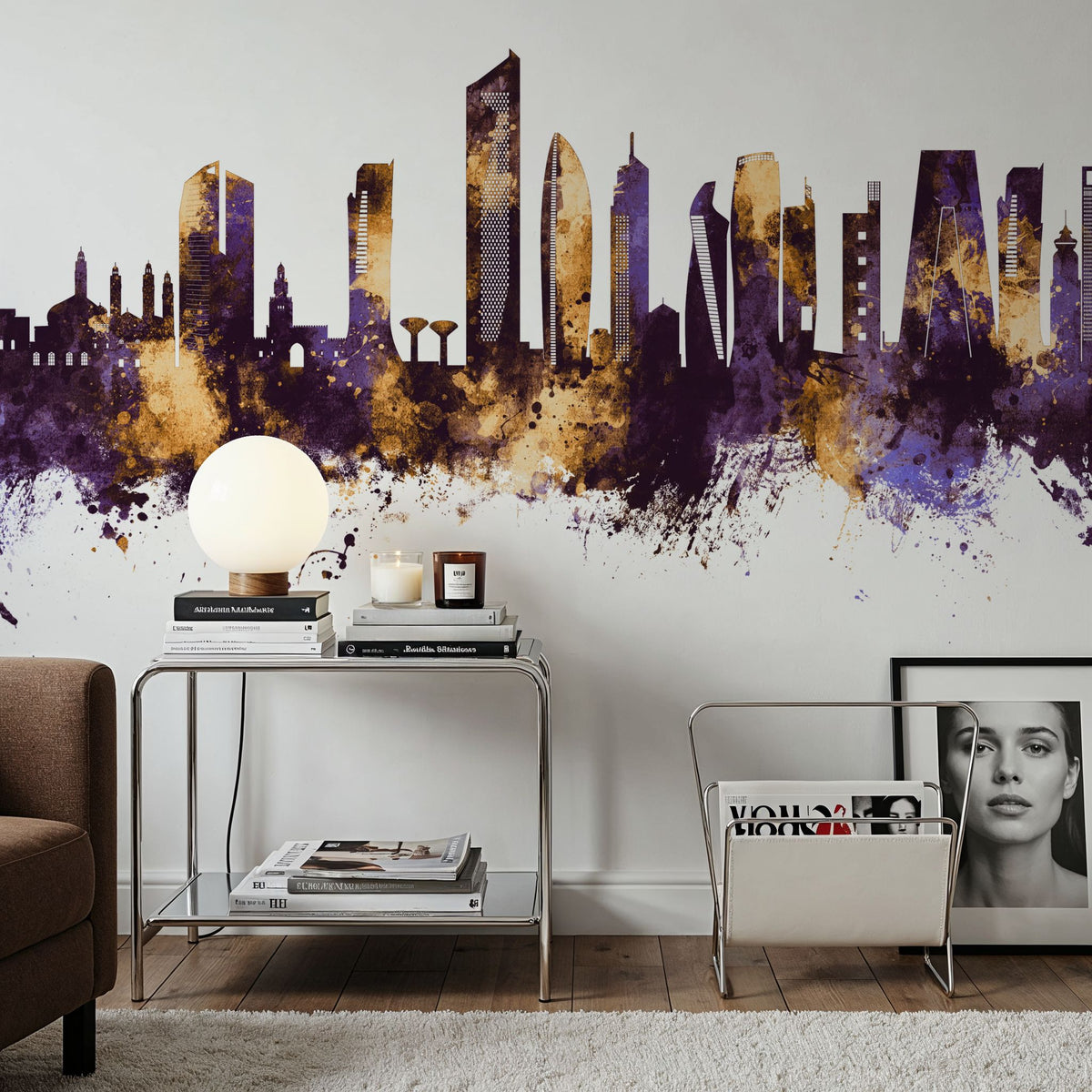 Kuwait City Skyline Purple & Gold Mural Wallpaper - room preview 06