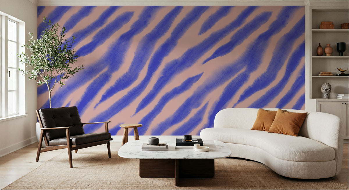 Watercolor Tiger Stripes, Periwinkle on Pink Mural Wallpaper - room preview 06