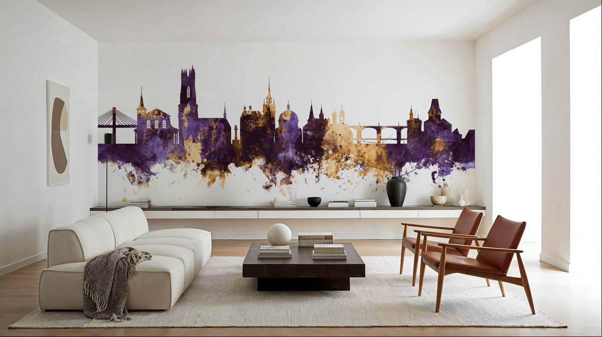 Fribourg Switzerland Skyline Purple & Gold Mural Wallpaper - room preview 06