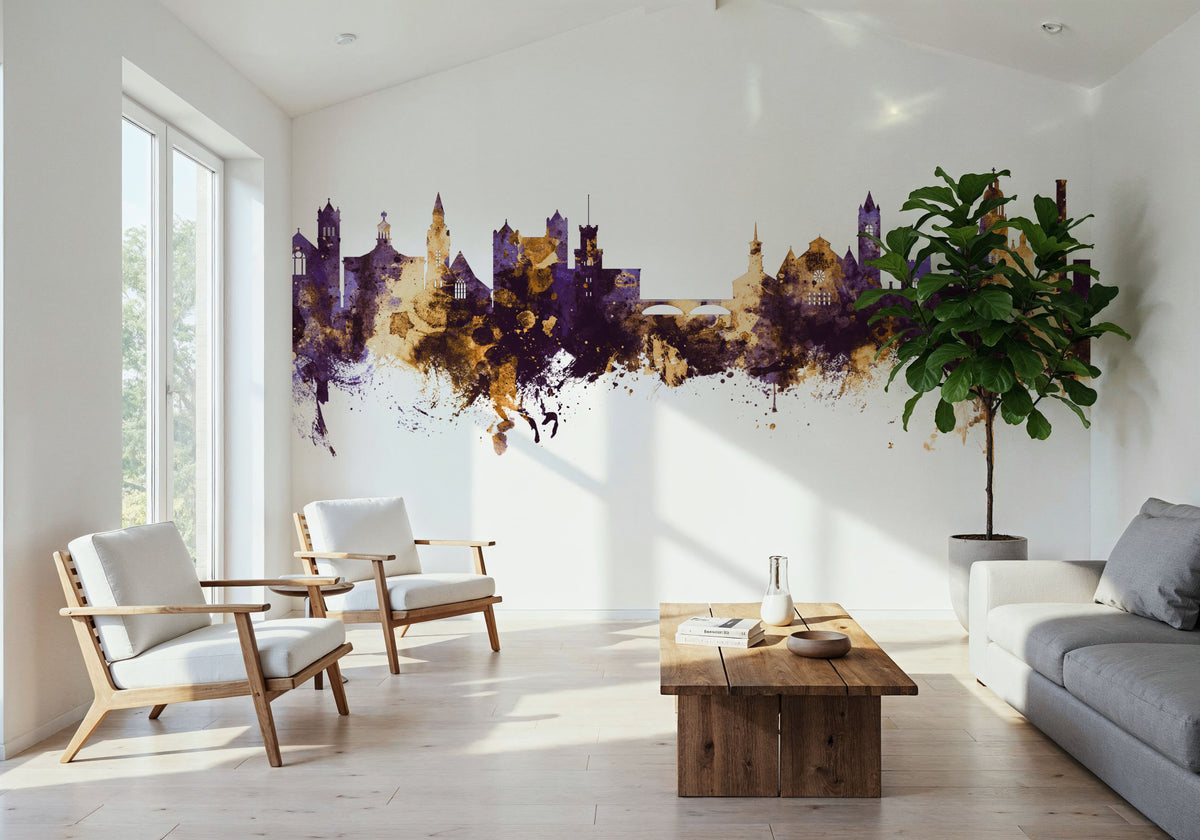 Nashua New Hampshire Skyline Purple & Gold Mural Wallpaper - room preview 06