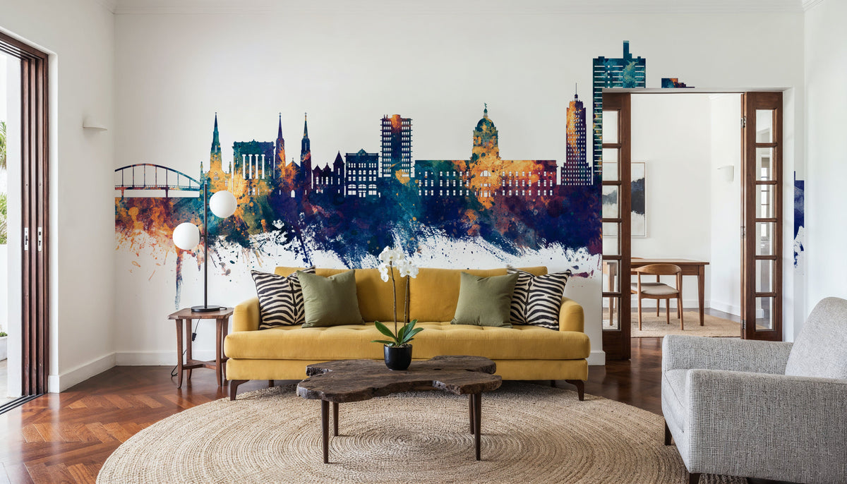 Fort Wayne Indiana Skyline Blue & Bronze Mural Wallpaper - room preview 06
