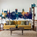 Fort Wayne Indiana Skyline Blue & Bronze Mural Wallpaper - room preview 06