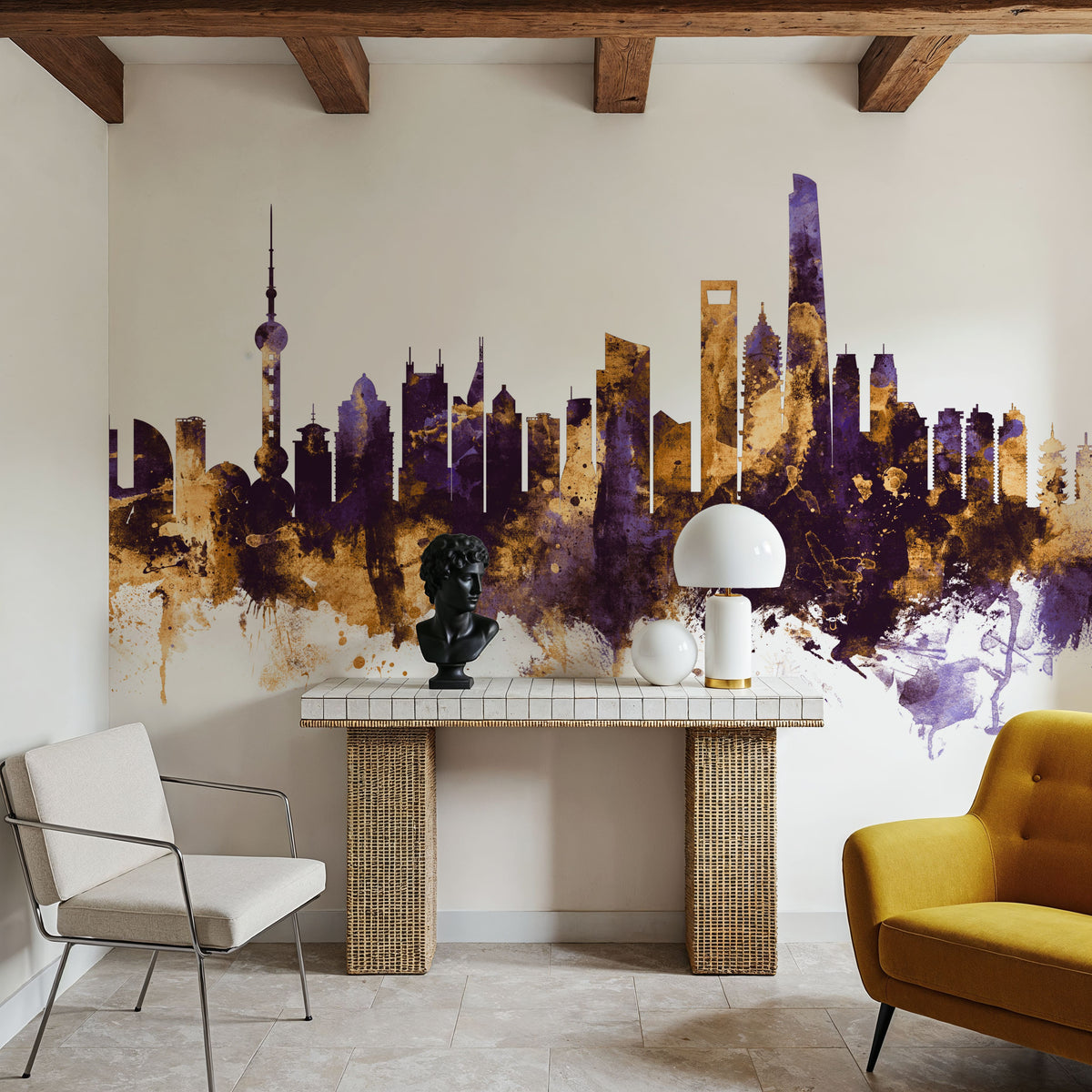 Shanghai China Skyline Purple & Gold Mural Wallpaper - room preview 06