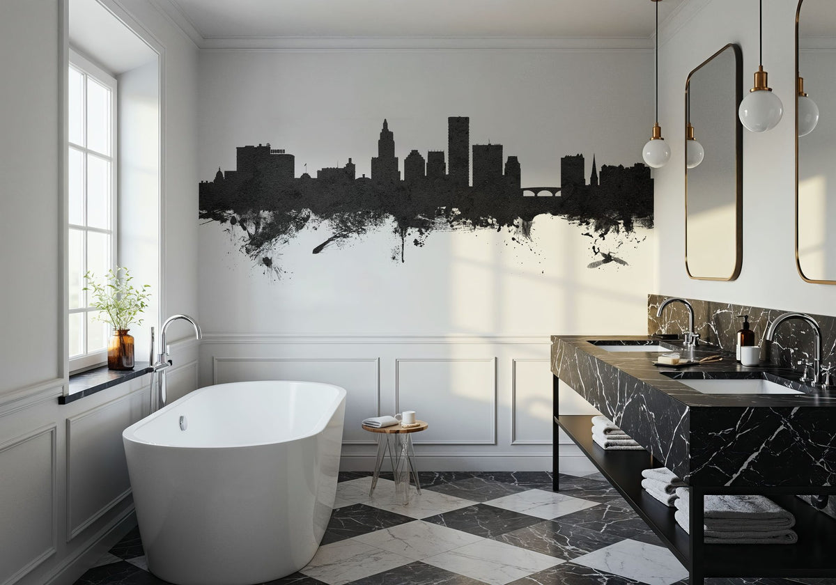 Providence Rhode Island Skyline Black & White Mural Wallpaper - room preview 06