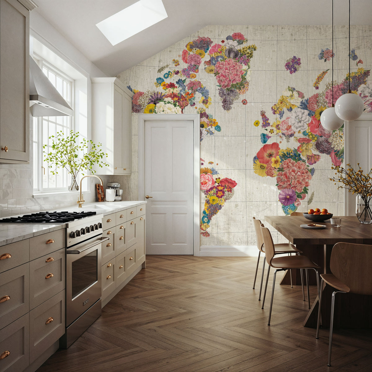 Botanical Floral Map Gray No Words Mural Wallpaper - room preview 06