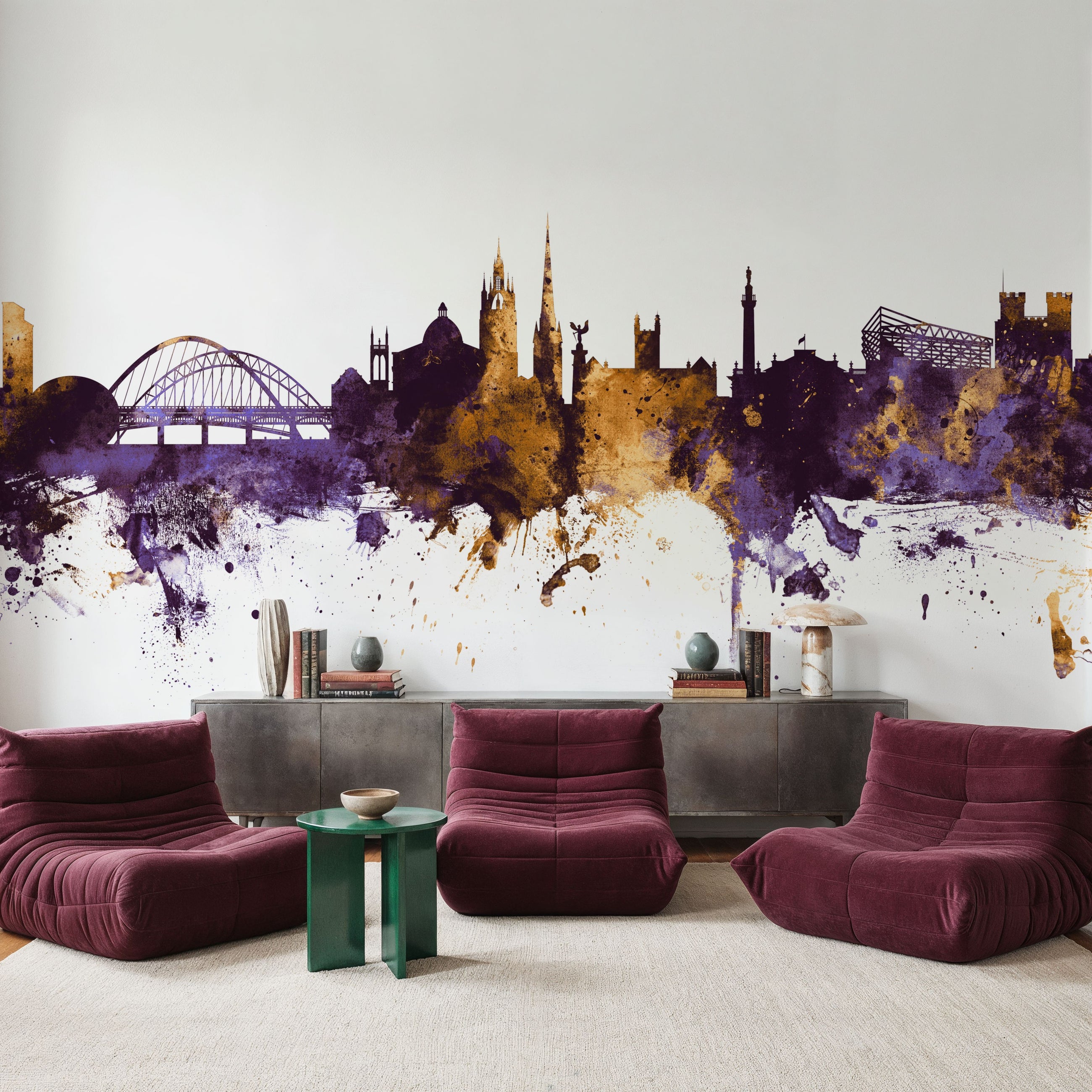 Newcastle England Skyline Purple & Gold Mural Wallpaper