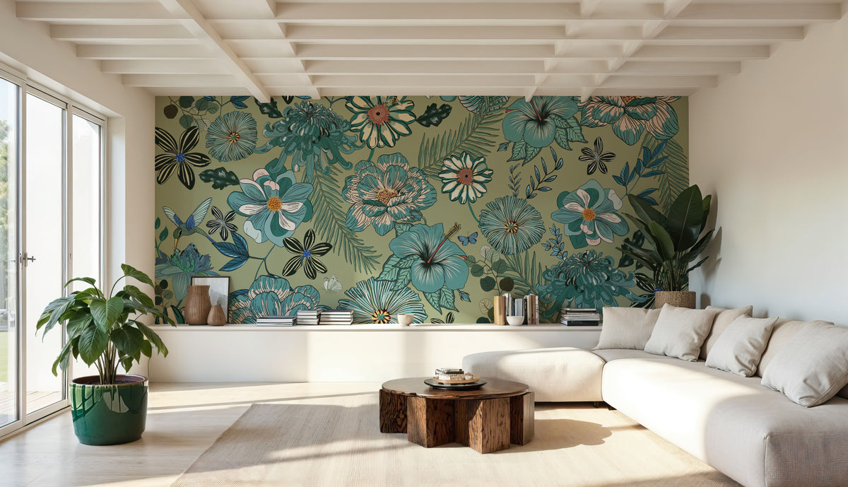 Teal Botanicals Mural Wallpaper - room preview 06