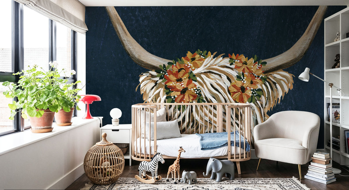 Harvest Cow Floral Texture Dark Mural Wallpaper - room preview 06