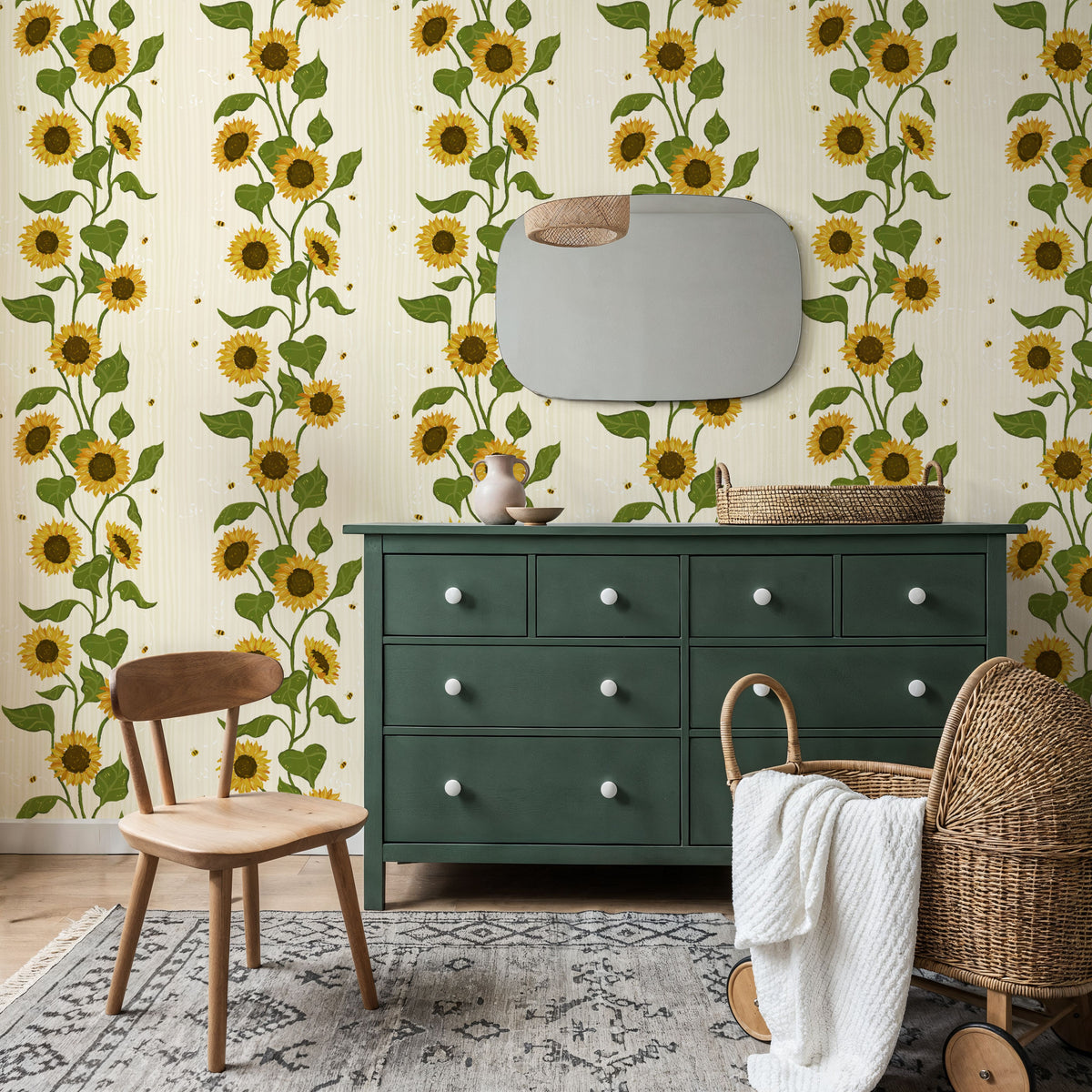 Sunflower Stripes, Cream Mural Wallpaper - room preview 06