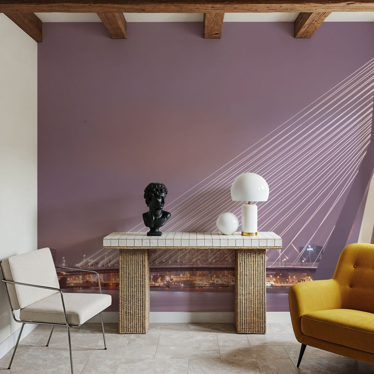 Twilight Bridge Crossing Mural Wallpaper - Neutral Tone - room preview 06