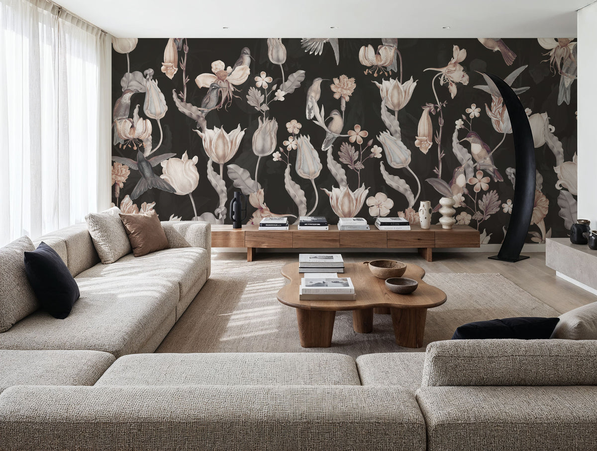 Tulips & Birds, Black Mural Wallpaper - room preview 06