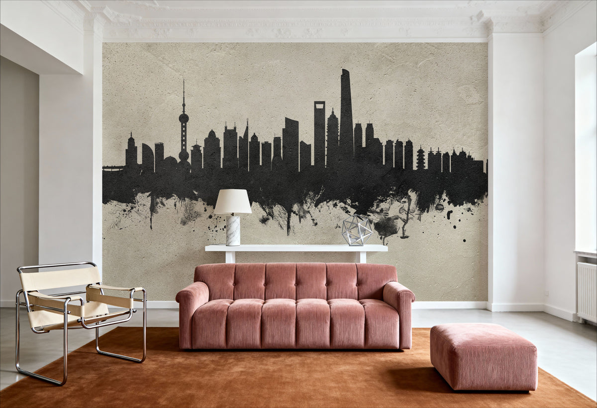 Shanghai China Skyline Concrete Mural Wallpaper - room preview 06