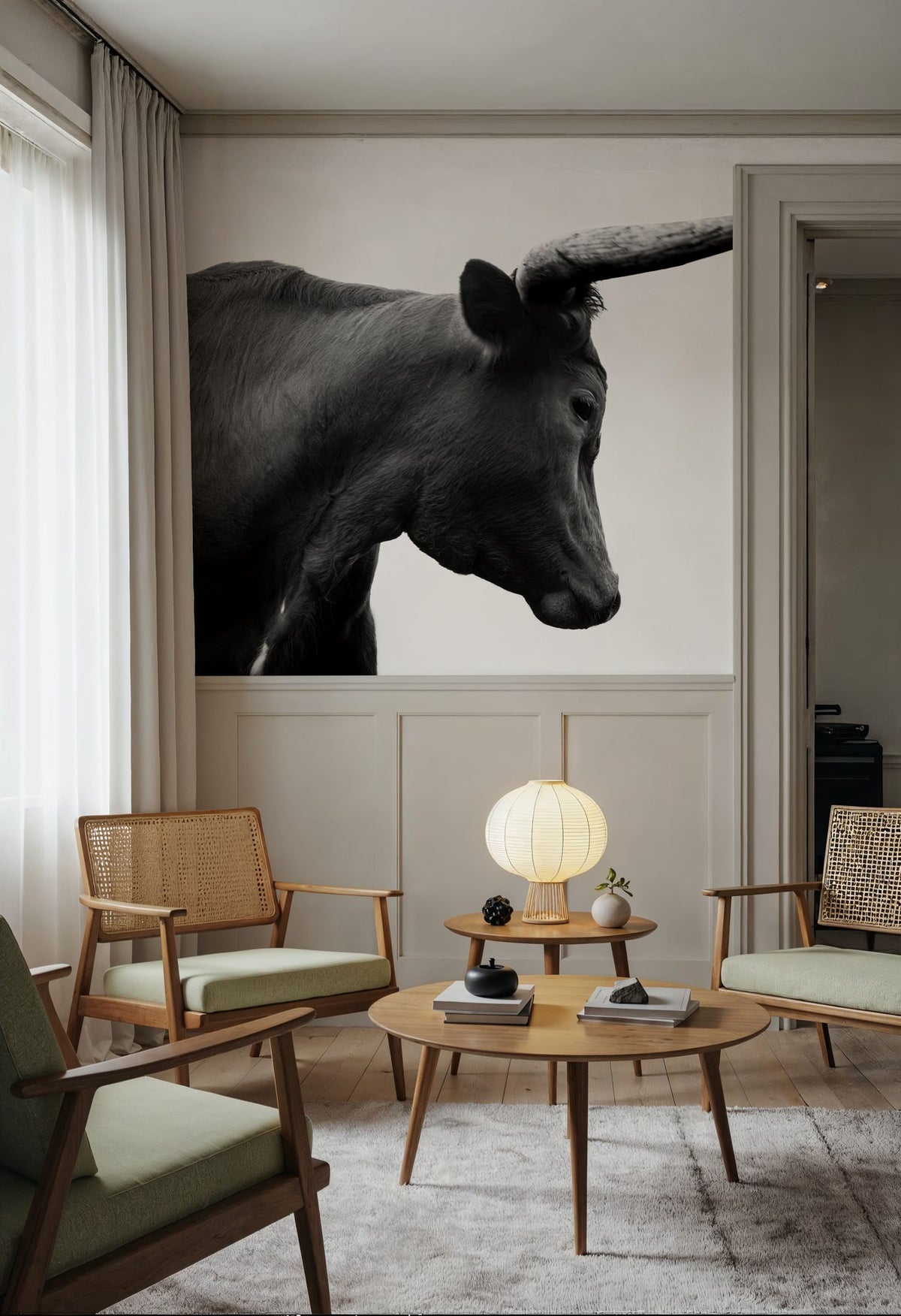 Longhorn Sunset Graze BW Mural Wallpaper - room preview 06