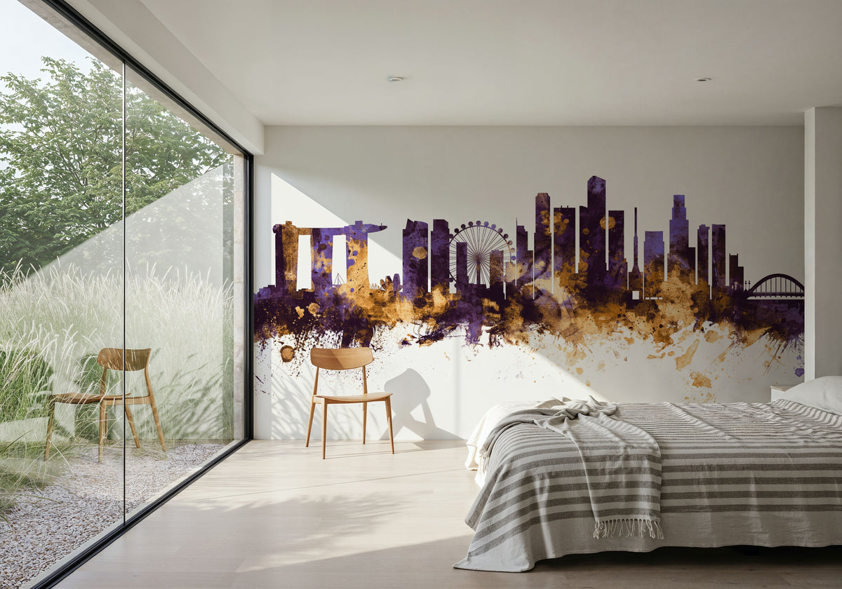 Singapore Skyline Purple & Gold Mural Wallpaper - room preview 06