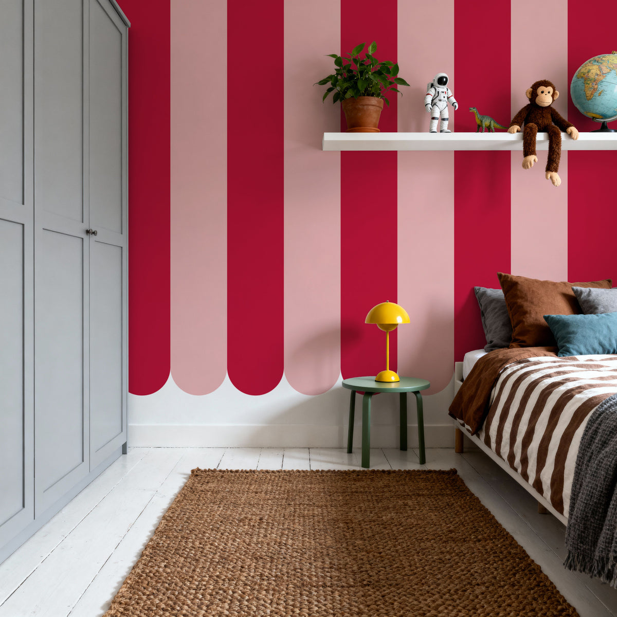 Scalloped Circus Stripes, Red on Pink Mural Wallpaper - room preview 06