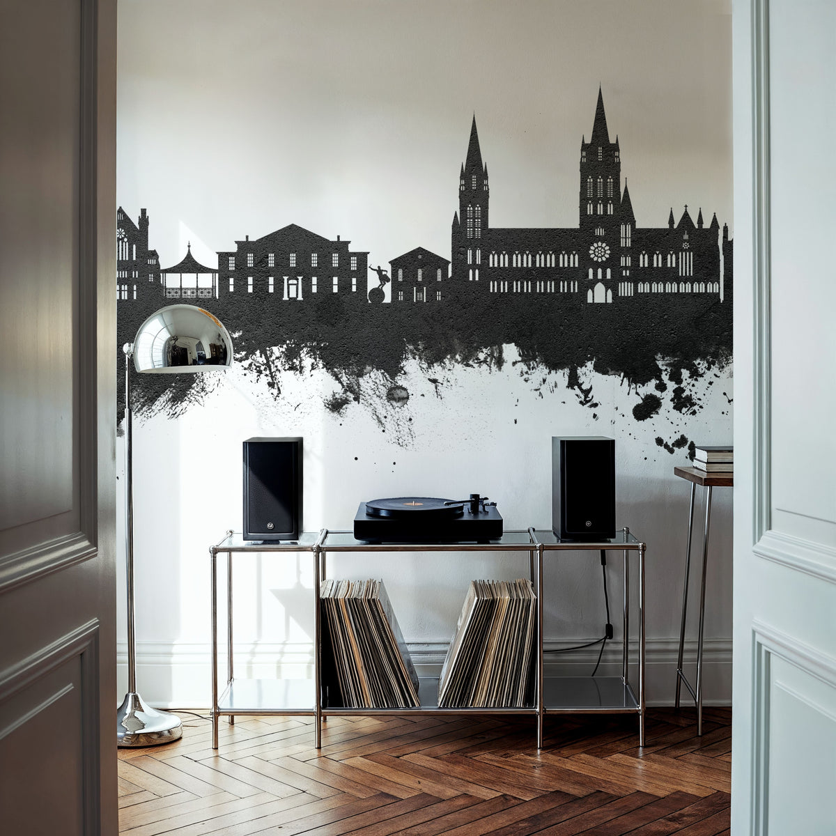 Truro England Skyline Black & White Mural Wallpaper - room preview 06