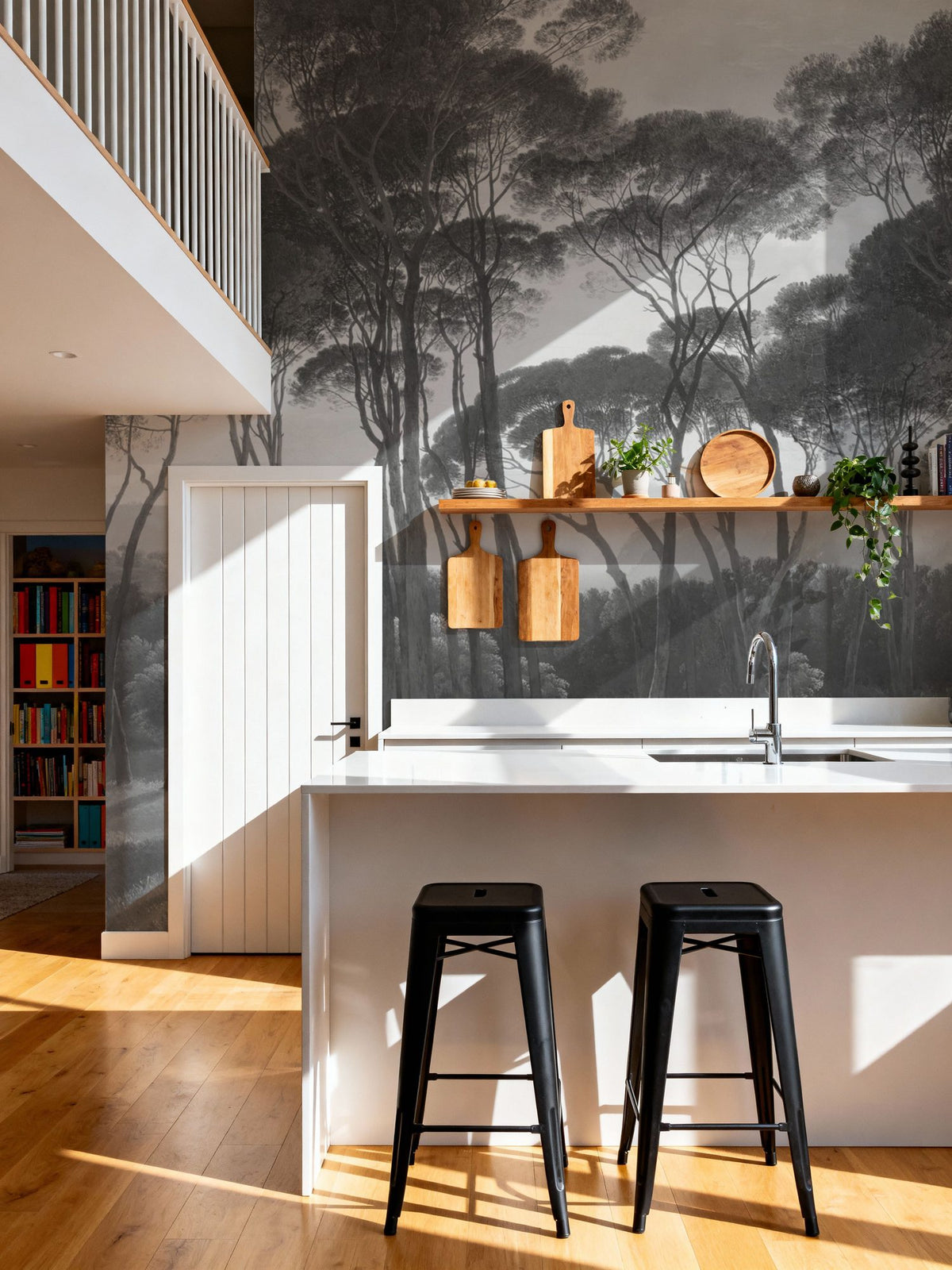 Mediterranean Pine Landscape, Gray Mural Wallpaper - room preview 06