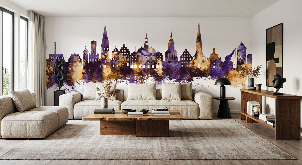 Lüneburg Germany Skyline Purple & Gold Mural Wallpaper - room preview 06