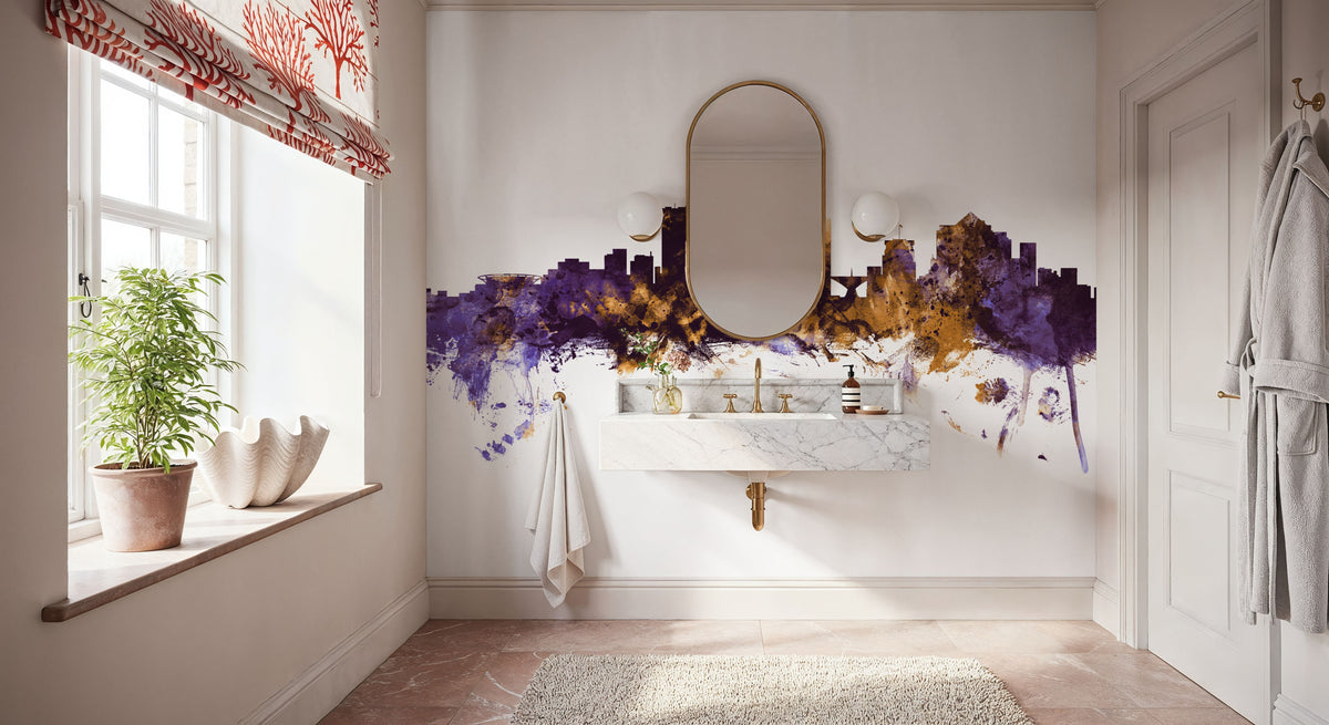 Milwaukee Wisconsin Skyline Purple & Gold Mural Wallpaper - room preview 06