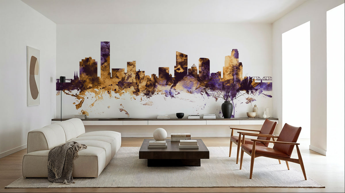 Grand Rapids Michigan Skyline Purple & Gold Mural Wallpaper - room preview 06
