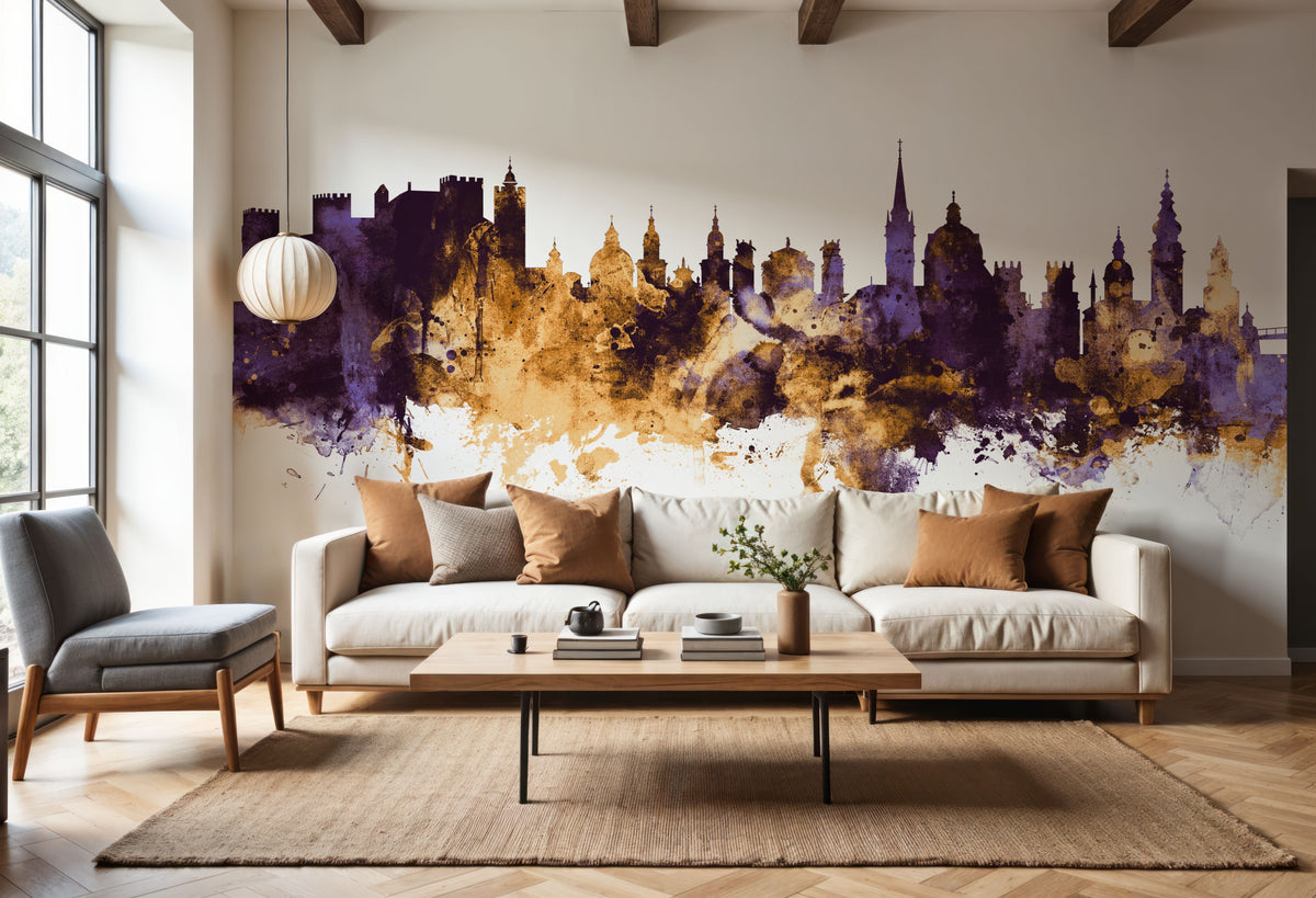 Salzburg Austria Skyline Purple & Gold Mural Wallpaper - room preview 06