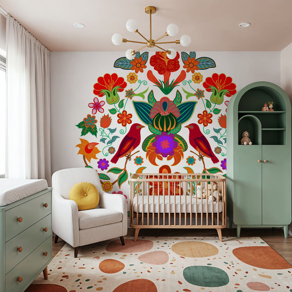 Otomi Floral Birds Mural Wallpaper - room preview 06
