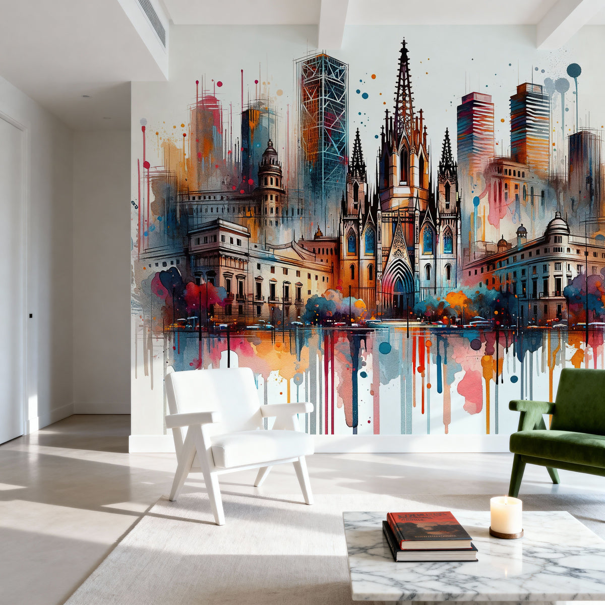 Watercolor Skyline Barcelona II Mural Wallpaper - room preview 06