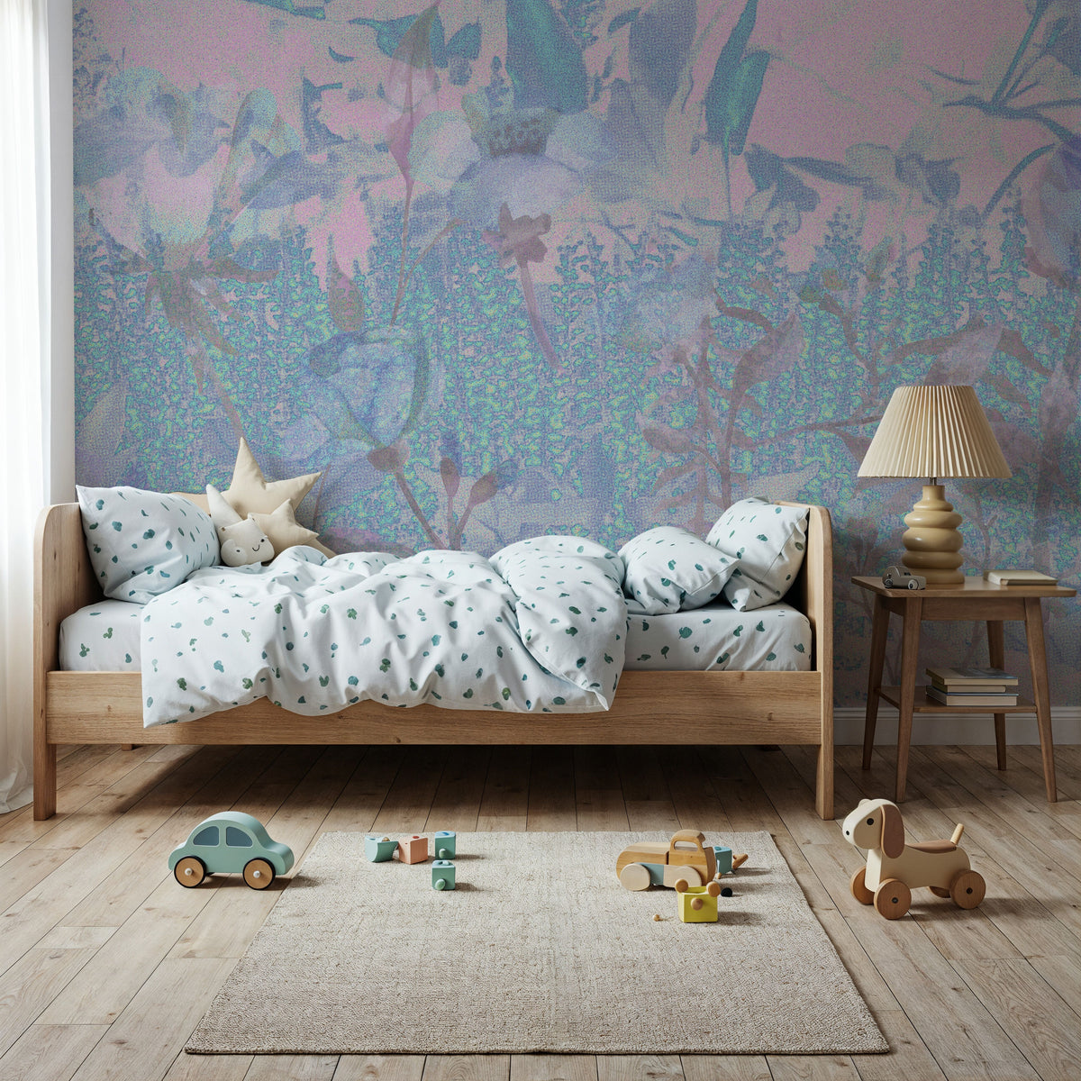 Meadow Memories, Washed Periwinkle Mural Wallpaper - room preview 06