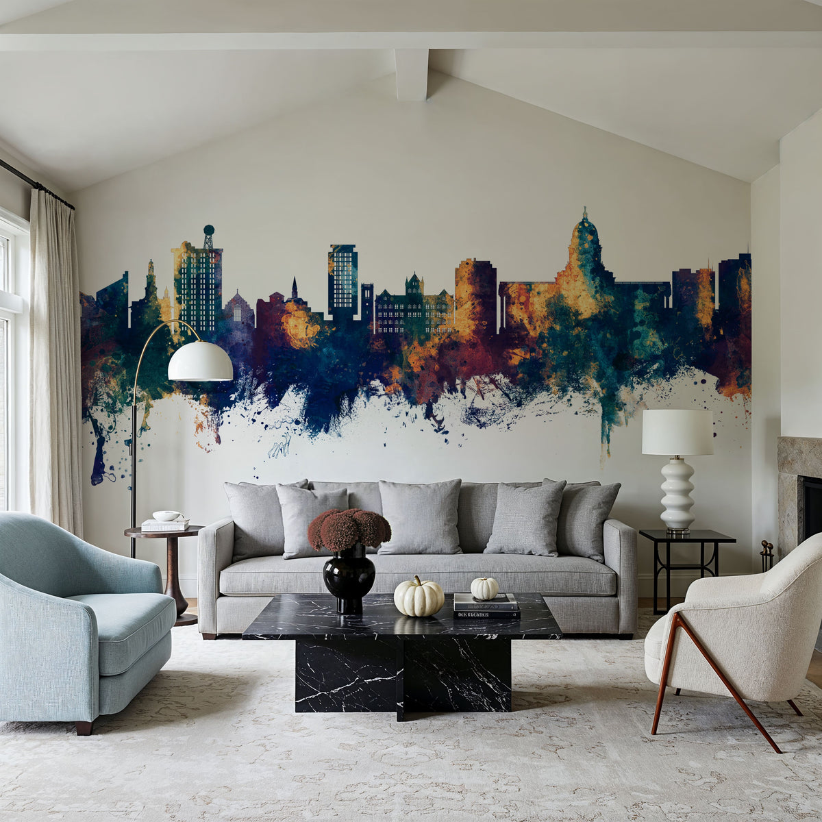 Madison Wisconsin Skyline Blue & Bronze Mural Wallpaper - room preview 06