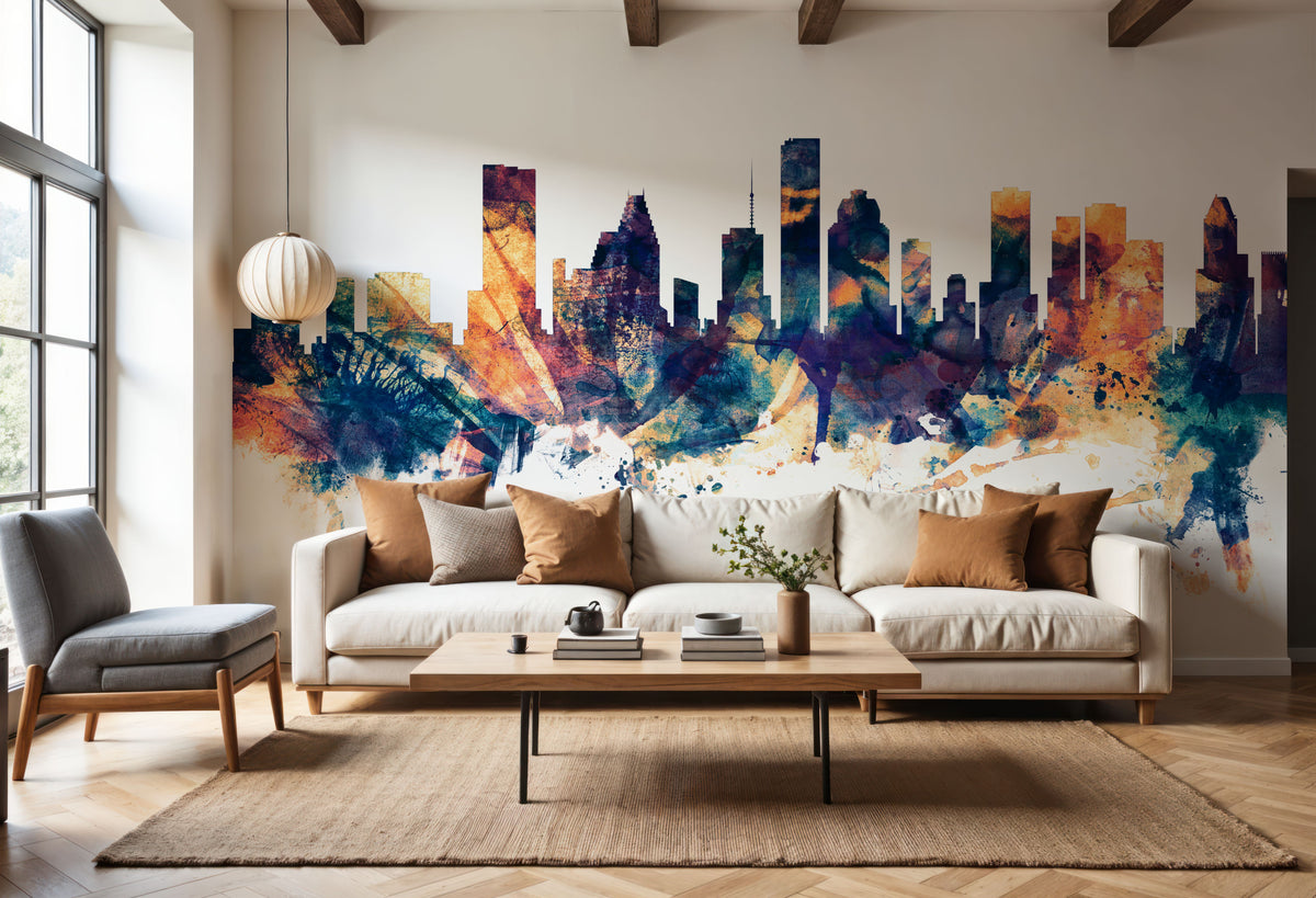 Houston Skyline Blue & Bronze Mural Wallpaper - room preview 06