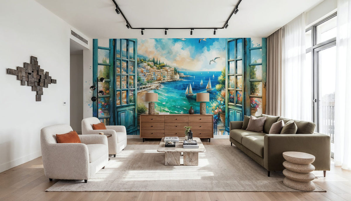 Mediterranean Coastline Through Open Window Mural Wallpaper - room preview 06