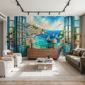 Mediterranean Coastline Through Open Window Mural Wallpaper - room preview 06