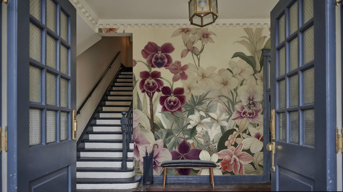 The Tenderness of Orchids, Burgundy Mural Wallpaper - room preview 06