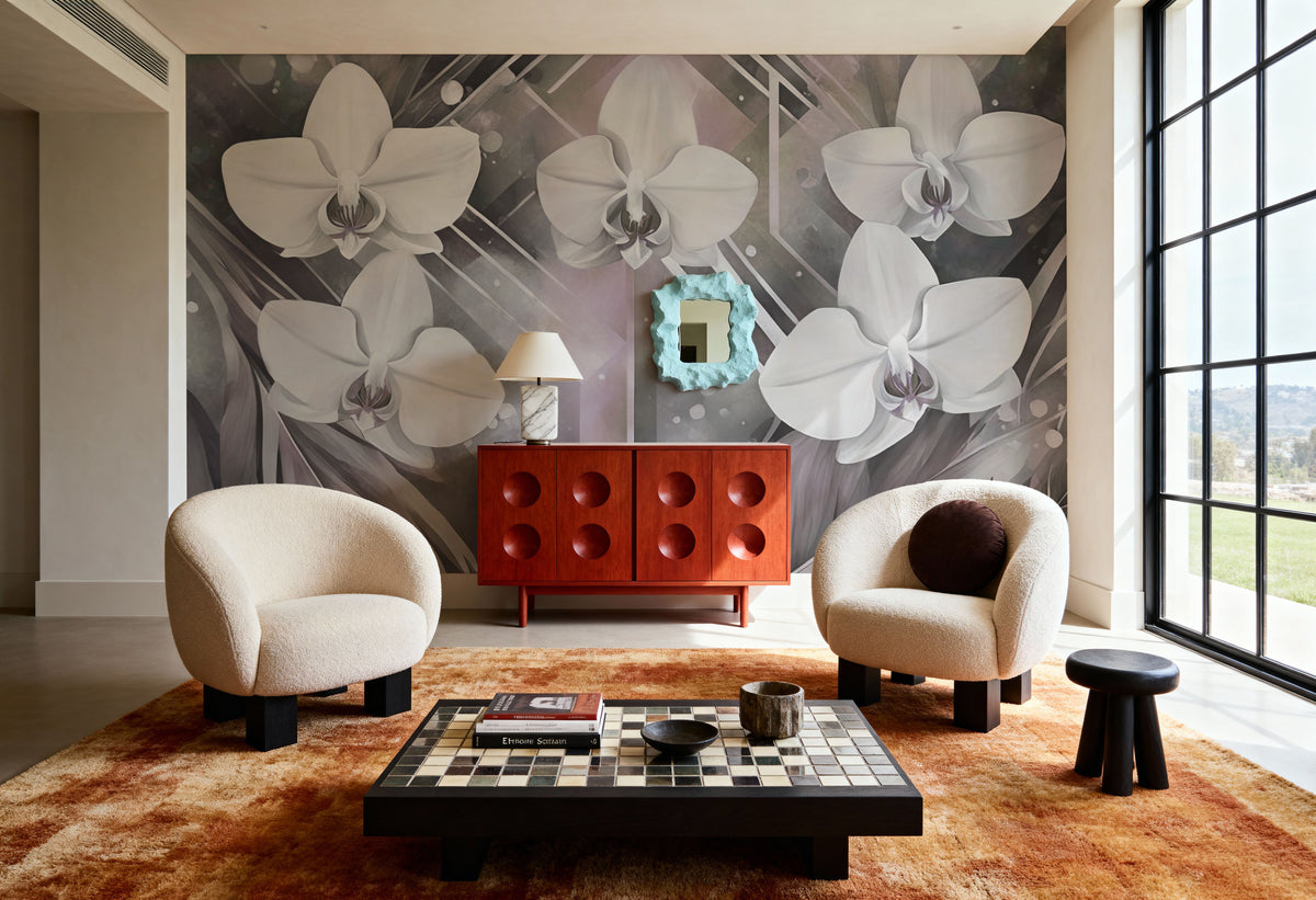 Geometry and Orchids Pink Mural Wallpaper - room preview 06
