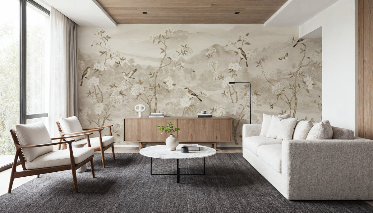 Peony Tree Landscape, Sand Mural Wallpaper - room preview 06
