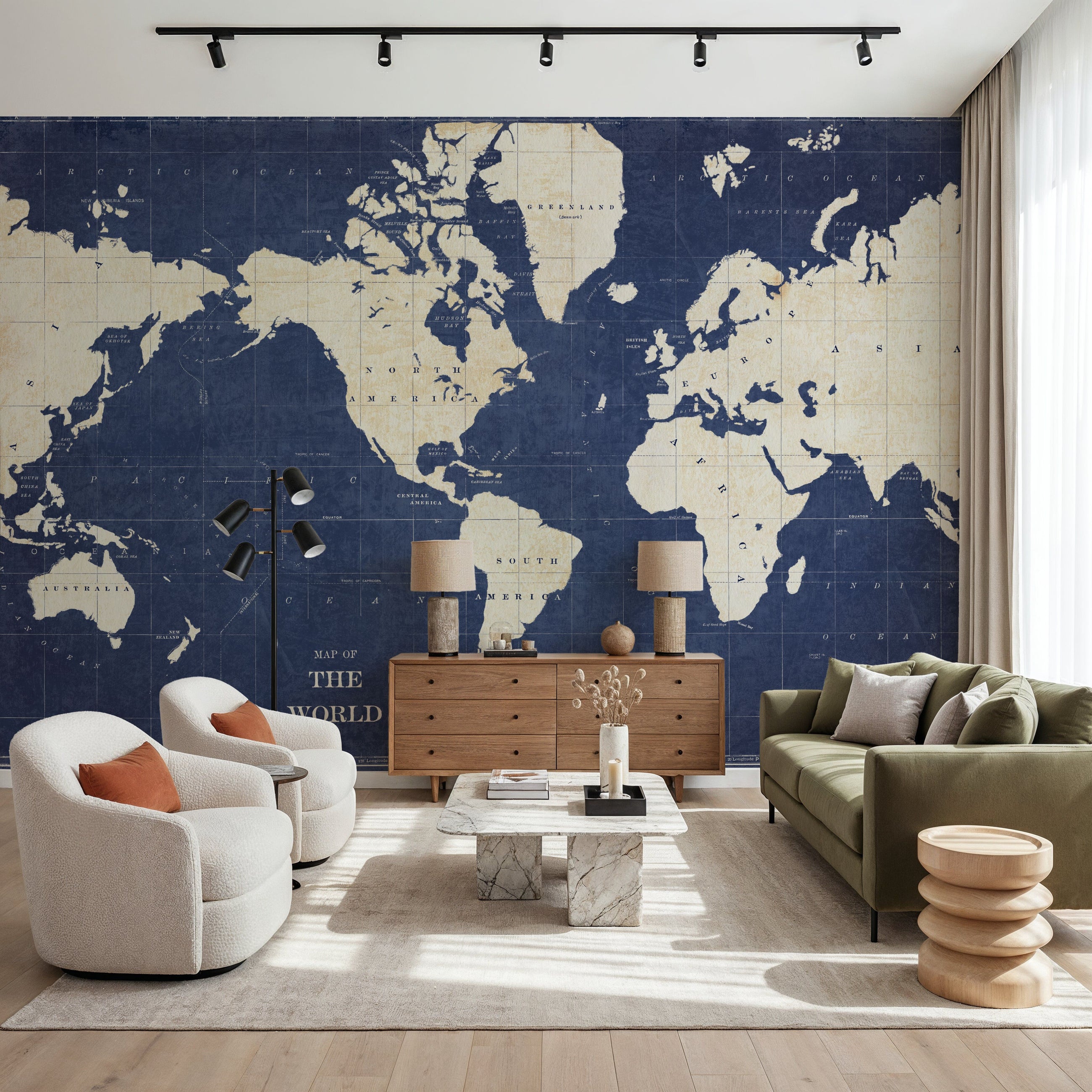 Blueprint World Map Dark Mural Wallpaper