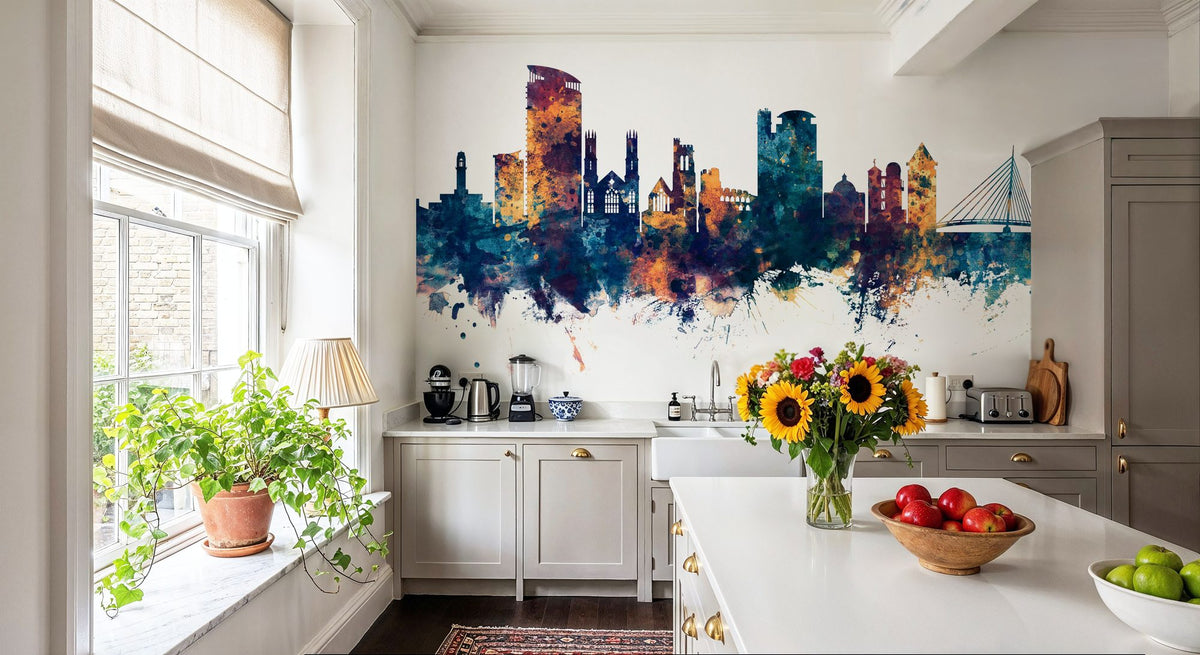 Swansea Wales Skyline Blue & Bronze Mural Wallpaper - room preview 06