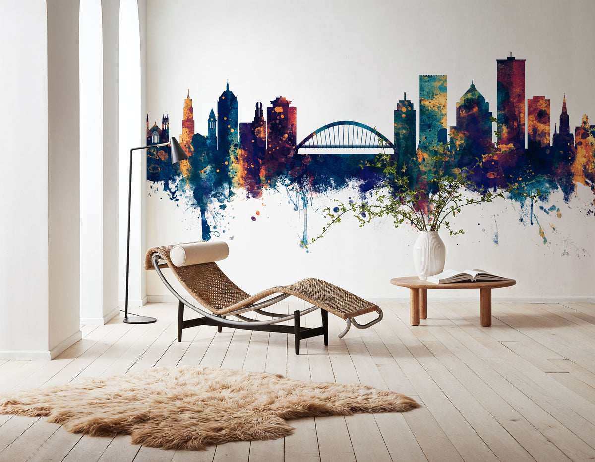 Rochester New York Skyline Blue & Bronze Mural Wallpaper - room preview 06