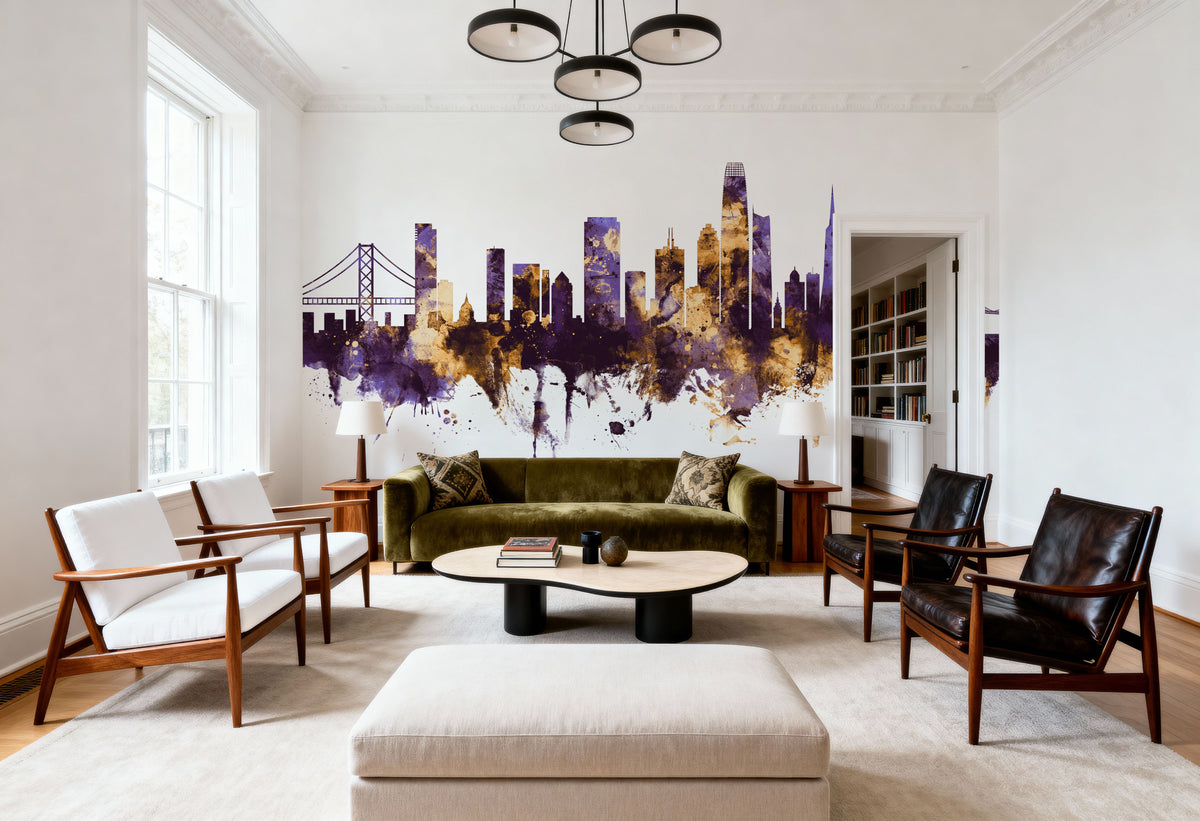 San Francisco Skyline Purple & Gold Mural Wallpaper - room preview 06