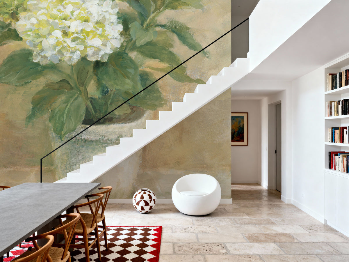Pot of White Hydrangea Mural Wallpaper - room preview 06