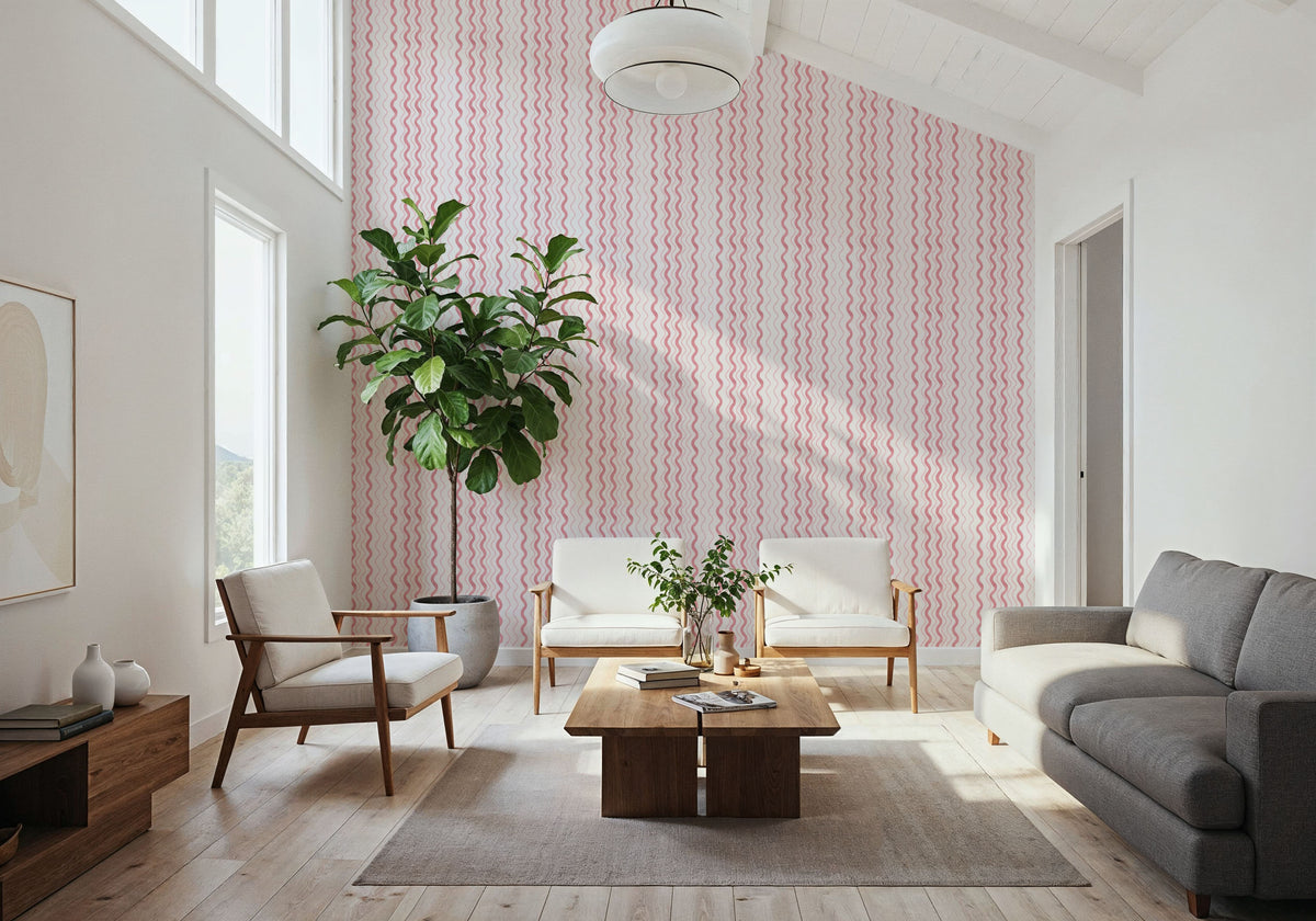 Wavy Stripes, Pink Mural Wallpaper - room preview 06
