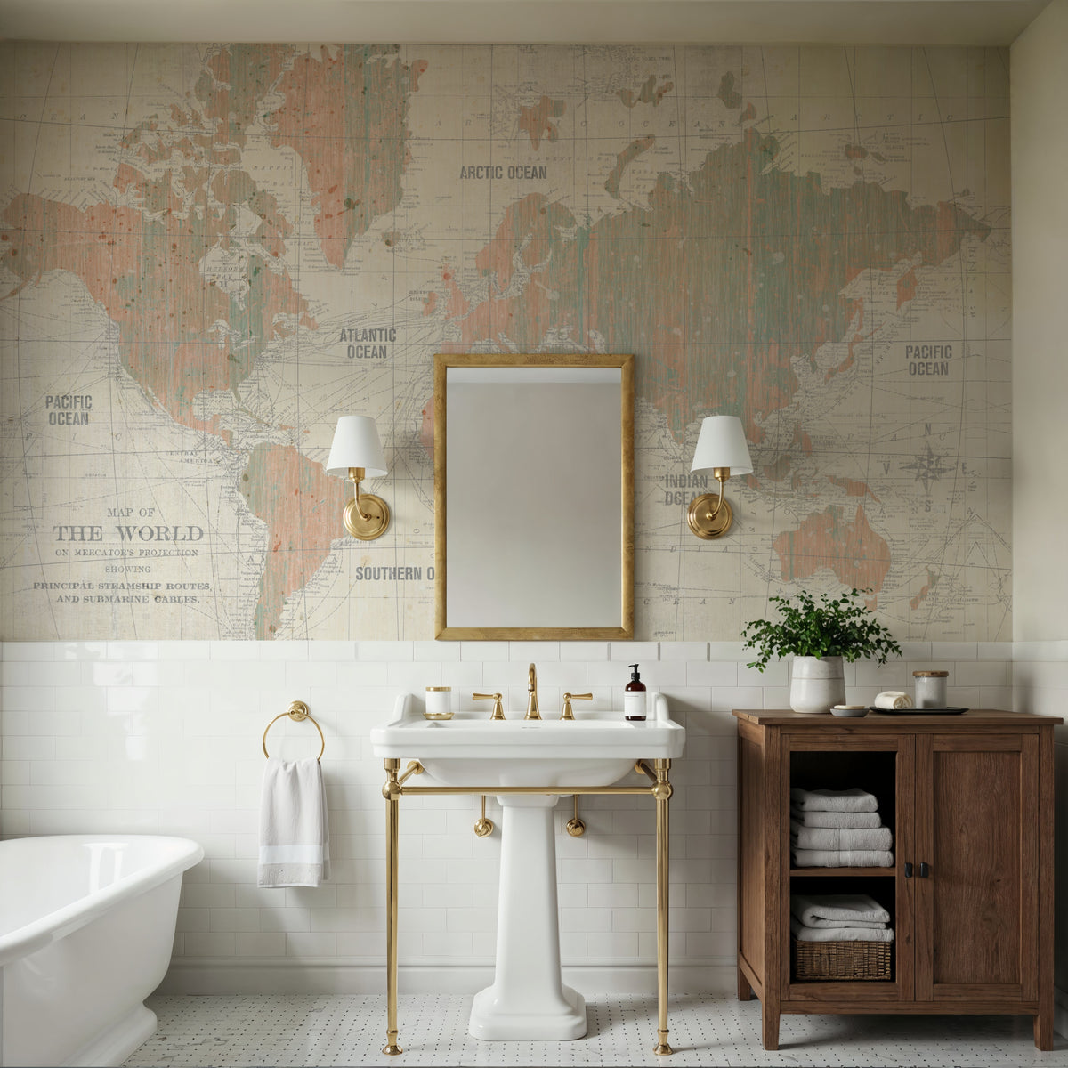 Old World Map Blush and Mint Mural Wallpaper - room preview 06