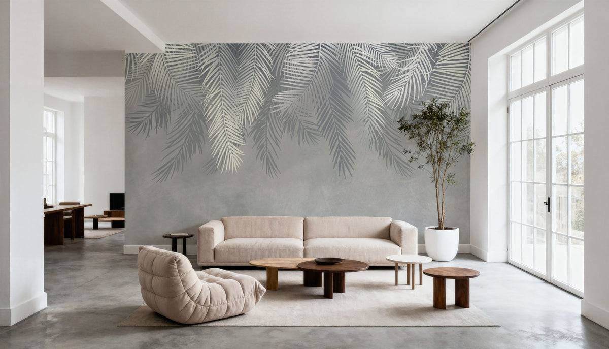 Palms Above, Gray Mural Wallpaper - room preview 06