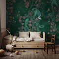 Peacock and Peony Chinoiserie Bottle Green Mural Wallpaper - room preview 06