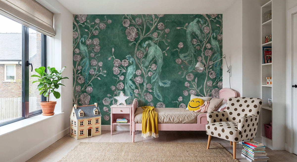 Peacock and Peony Chinoiserie Pale Green Mural Wallpaper - room preview 06