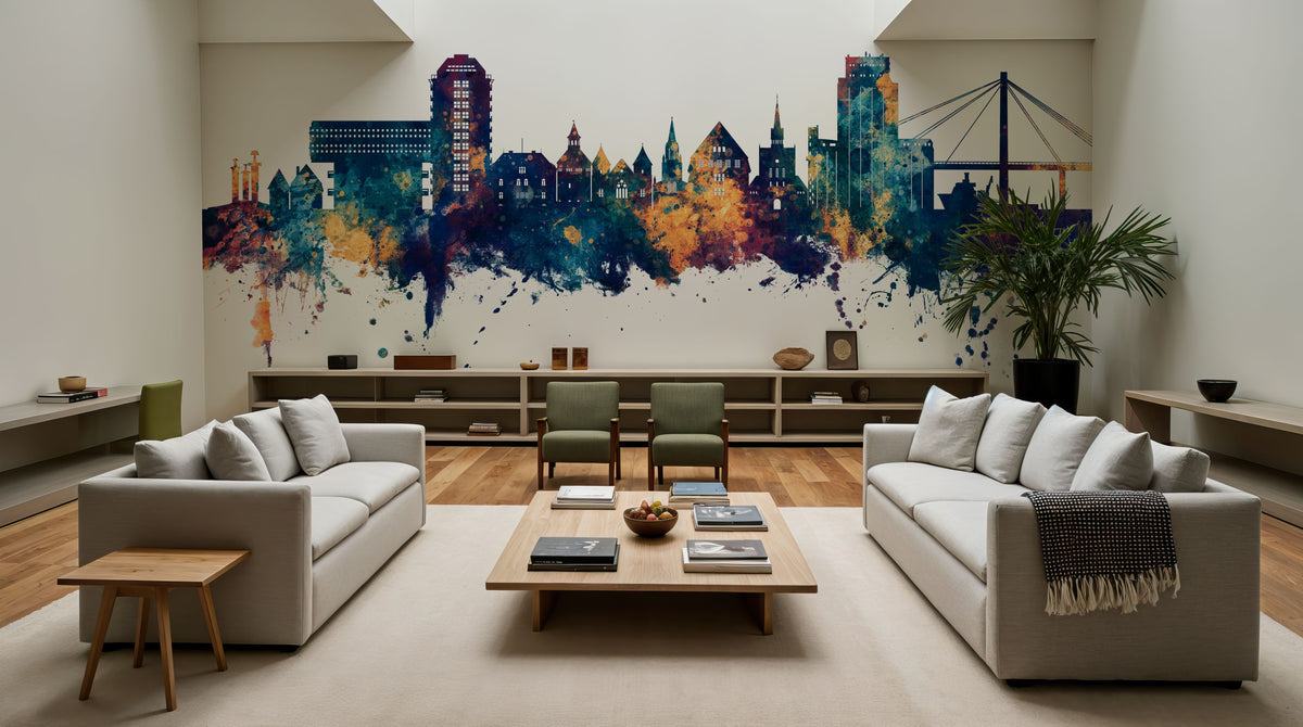 Stavanger Norway Skyline Blue & Bronze Mural Wallpaper - room preview 06