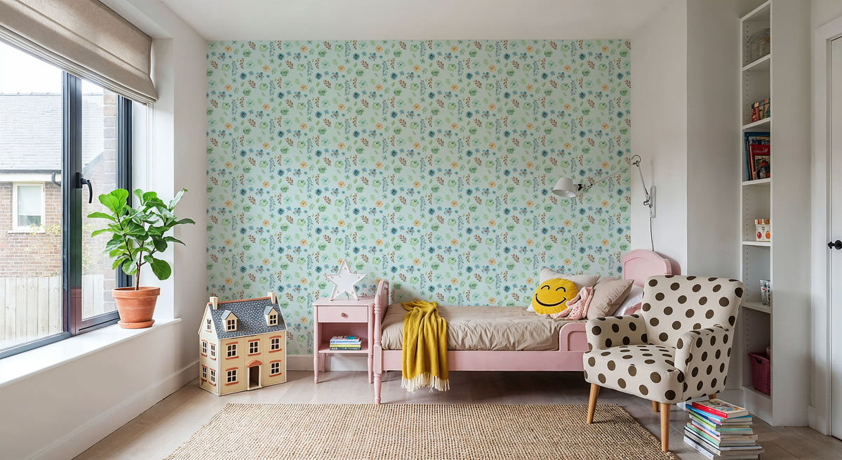 Flutterby Flowers Baby Blue Mural Wallpaper - room preview 06