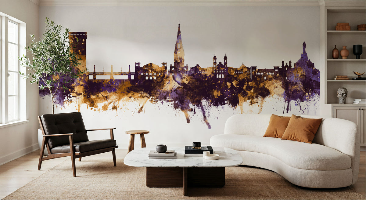 San Sebastian Spain Skyline Purple & Gold Mural Wallpaper - room preview 06
