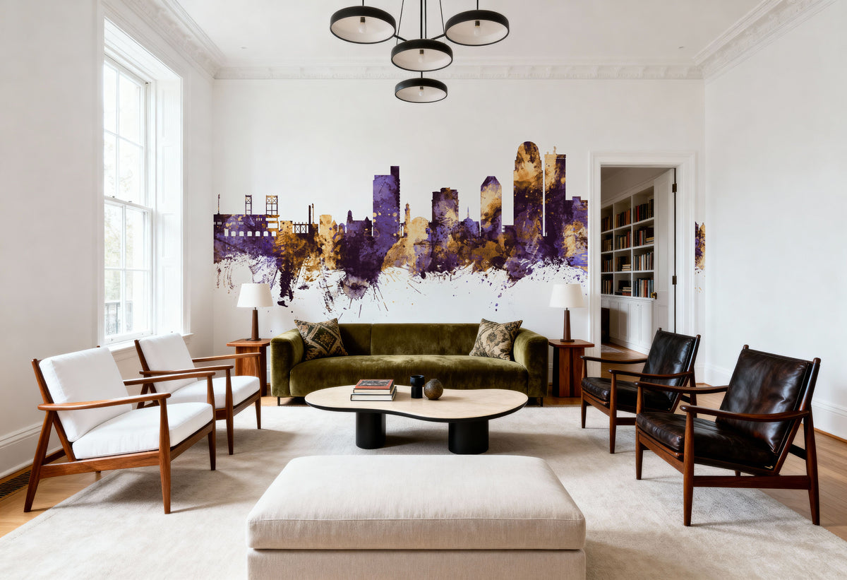 Winston-Salem North Carolina Skyline Purple & Gold Mural Wallpaper - room preview 06
